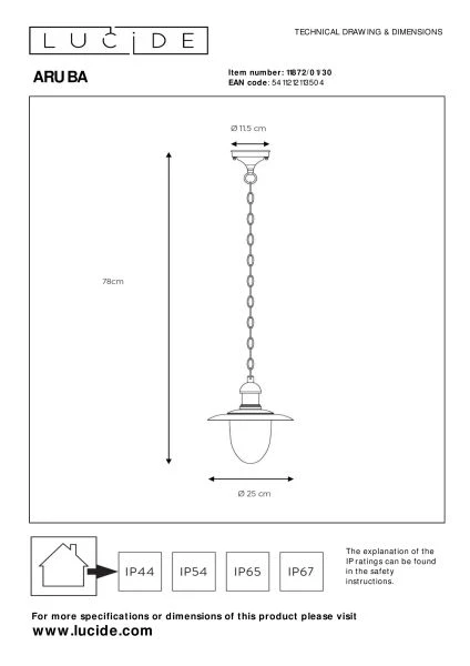 Lucide ARUBA - Pendant light Indoor/Outdoor - Ø 25 cm - 1xE27 - IP44 - Black - technical